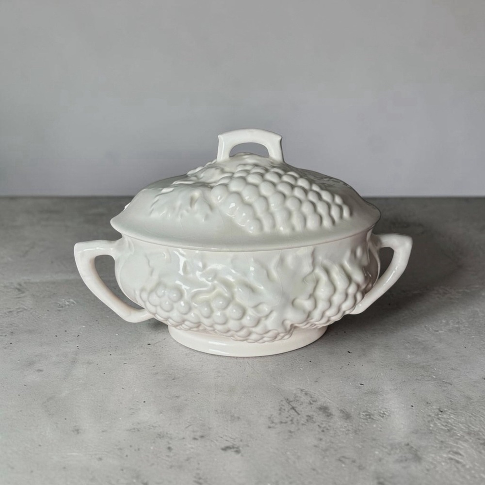 Vintage California Pottery 2 Piece Creamy White Grapes Embossed No Ladle